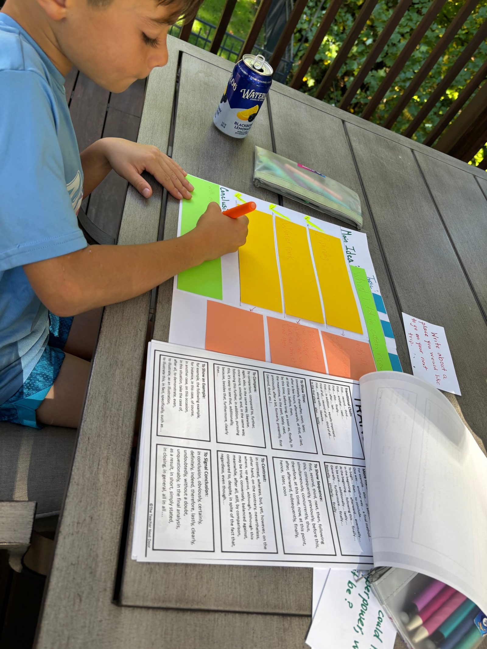 Student highlighting a paragraph-planning organizer