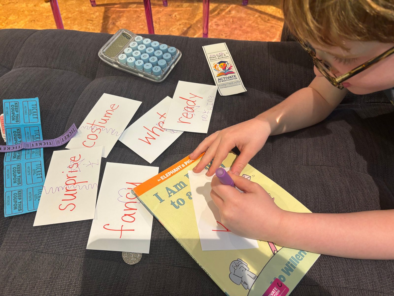 Vocabulary cards spread out during a reading session